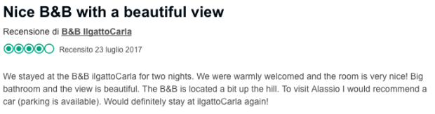 Screenshot of a review on Tripadvisor on 23rd July 2017. Title: Nice B&B with a beautiful view. Click to read the review